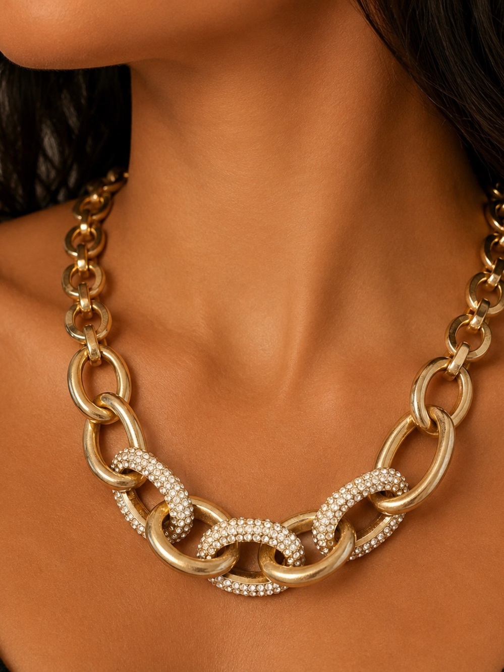 Gold Chain Link Statement Necklace with Pavé Accents